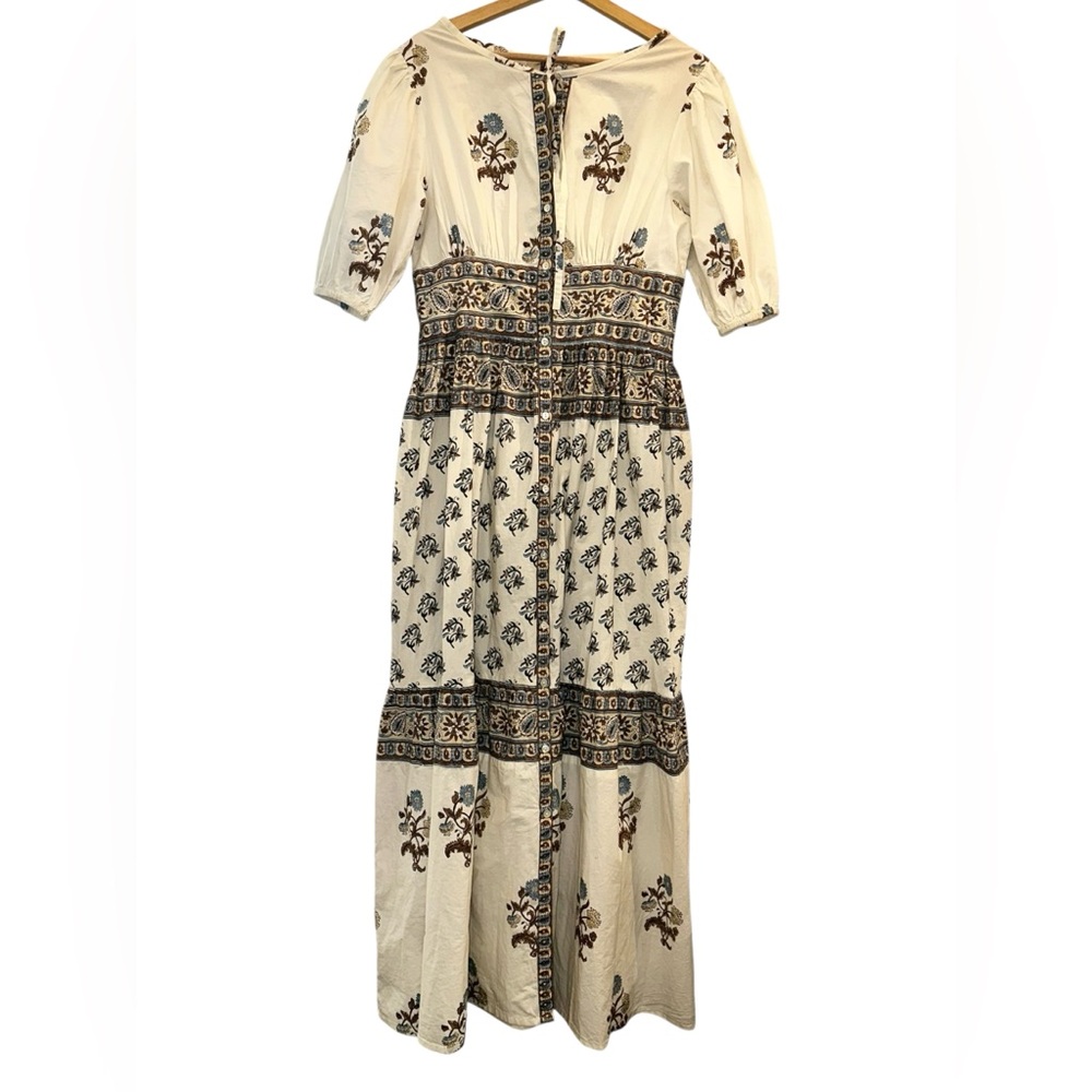 Hannah Camilla Ellipse Cotton Blockprint Puff Sleeve Tie Neck Maxi Dress - Picture 2 of 5